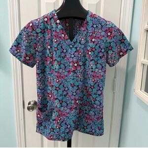 Med Couture Women's Size Medium Teal Purple Pink Polka Dot Fun Scrub Top